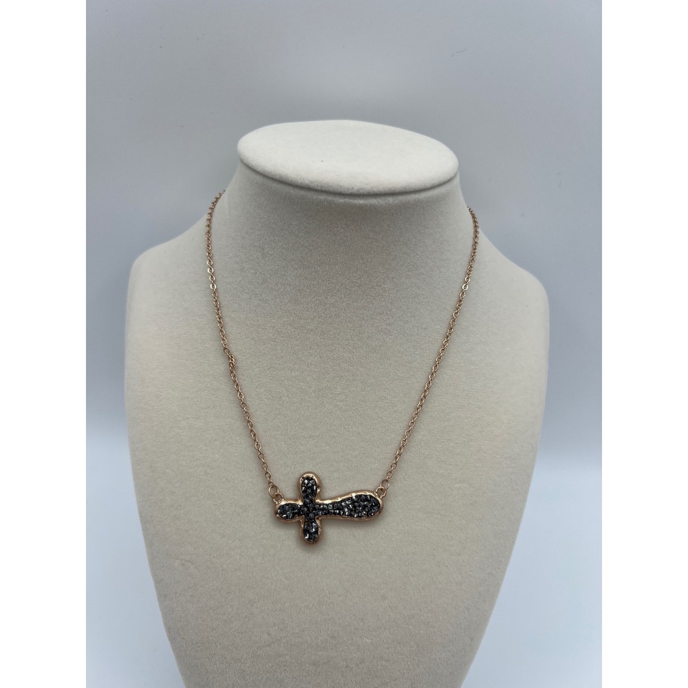 Story by Davinci Rose Gold Sideways Cross Necklace and Earring Set Druzy Stones